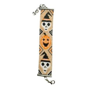 Handwoven beaded cuff panel bracelet adjustable Halloween style pumpkin ghost